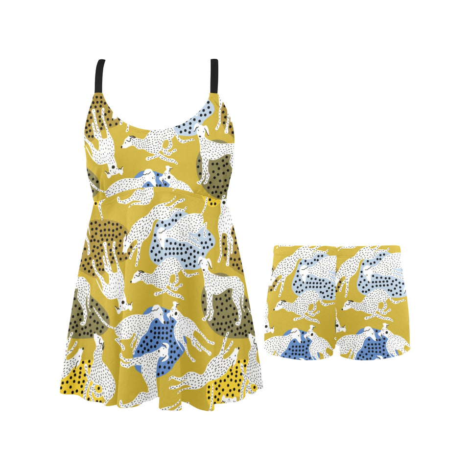 Greyhound Pattern Print Design 02 Chest Sexy Pleated Two Piece Swim Dress