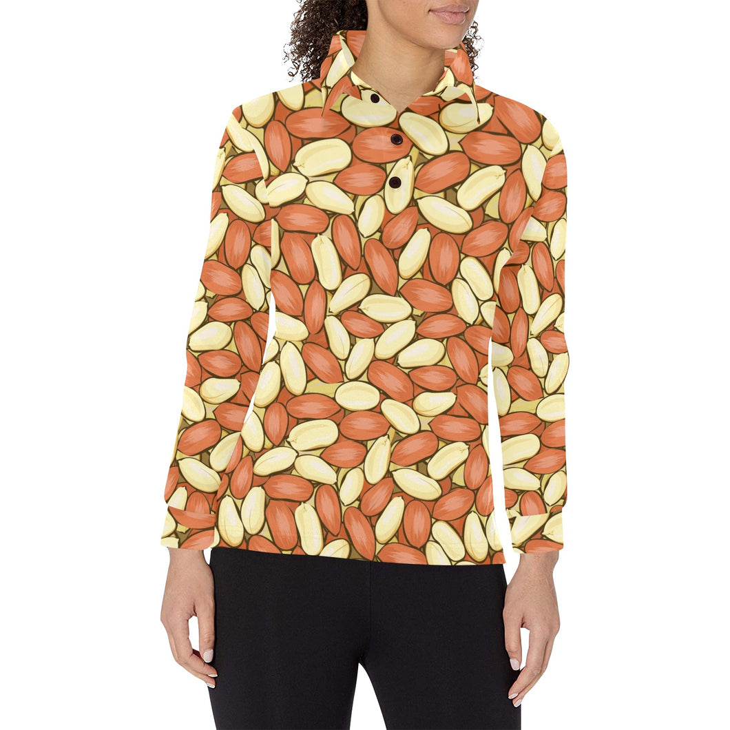 Peanut Pattern Background Women's Long Sleeve Polo Shirt