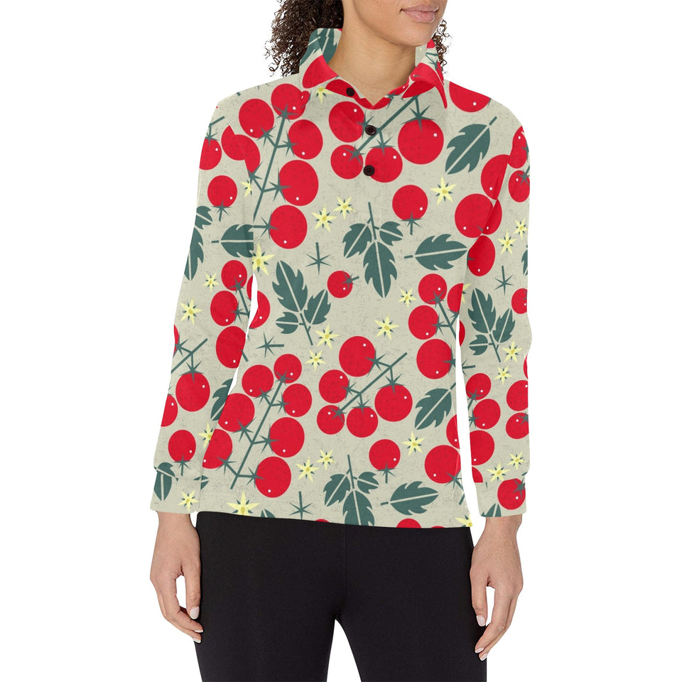 Hand Drawn Tomato Pattern Women's Long Sleeve Polo Shirt