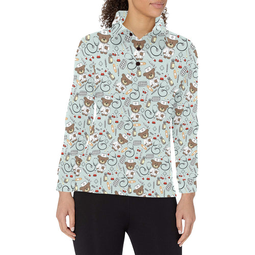 Teddy Bear Pattern Print Design 02 Women's Long Sleeve Polo Shirt