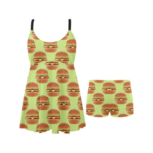 Hamburger Pattern Print Design 02 Chest Sexy Pleated Two Piece Swim Dress