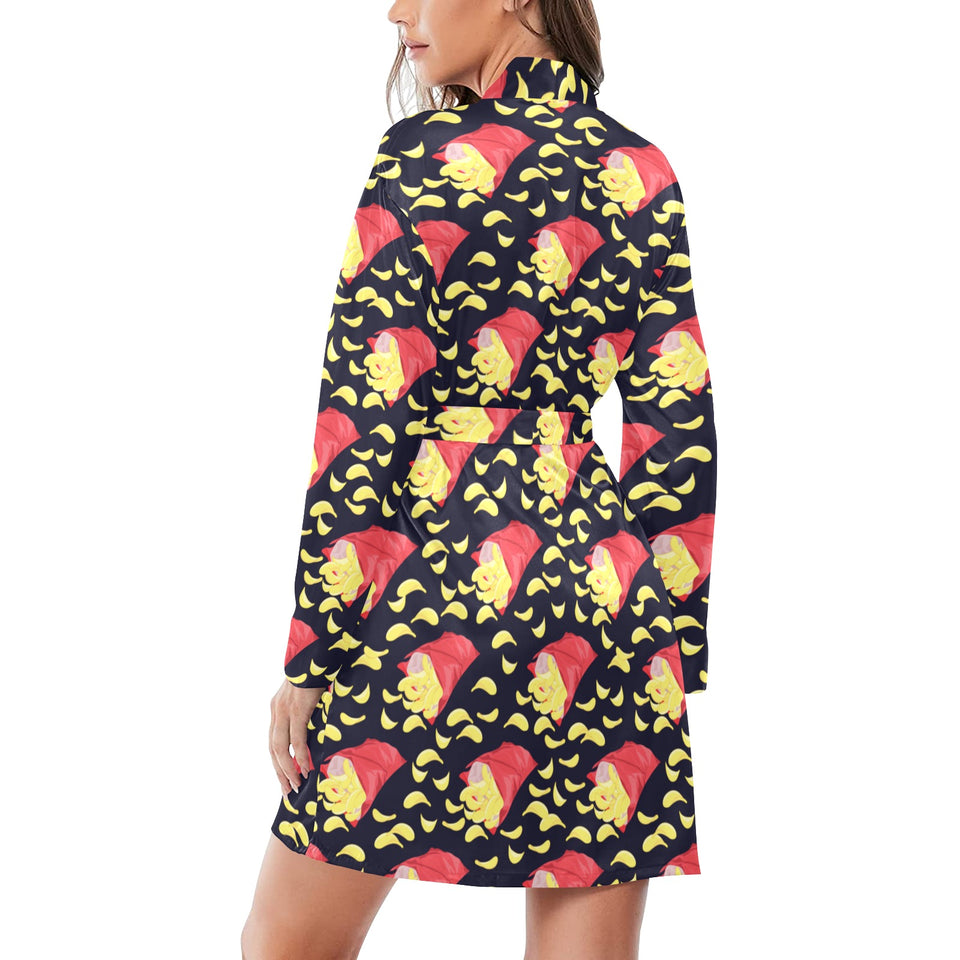 Potato Chips Pattern Print Design 05 Women's Long Sleeve Belted Night Robe