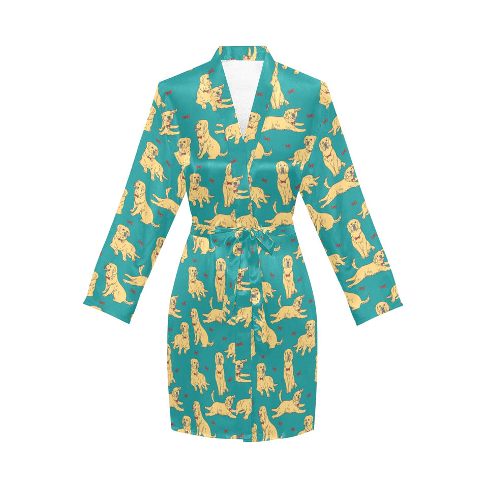 Golden Retriever Pattern Print Design 05 Women's Long Sleeve Belted Night Robe