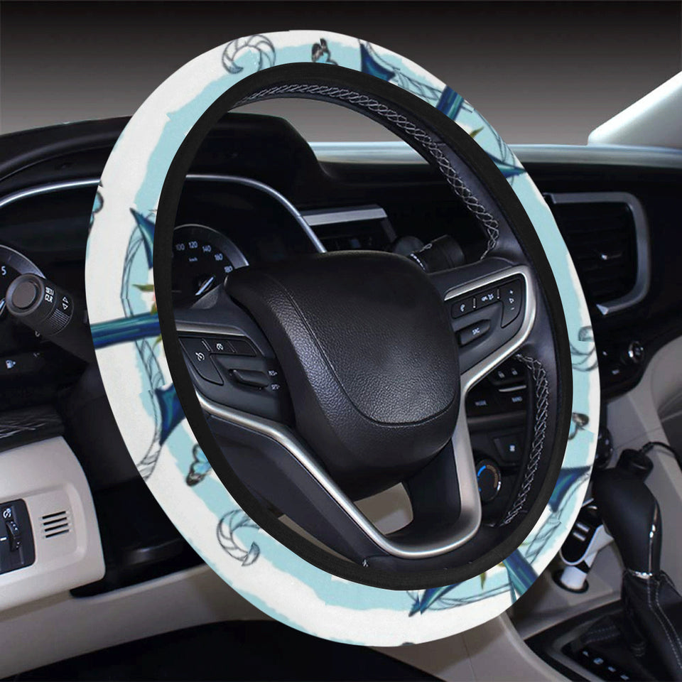 Anchor Flower Blue Stripe Pattern Car Steering Wheel Cover