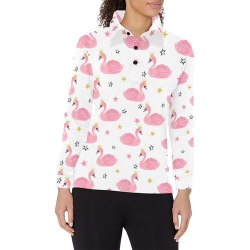 Pink Swan Pattern Women's Long Sleeve Polo Shirt