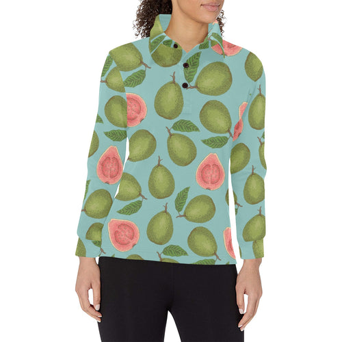 Guava Pattern Green Background Women's Long Sleeve Polo Shirt