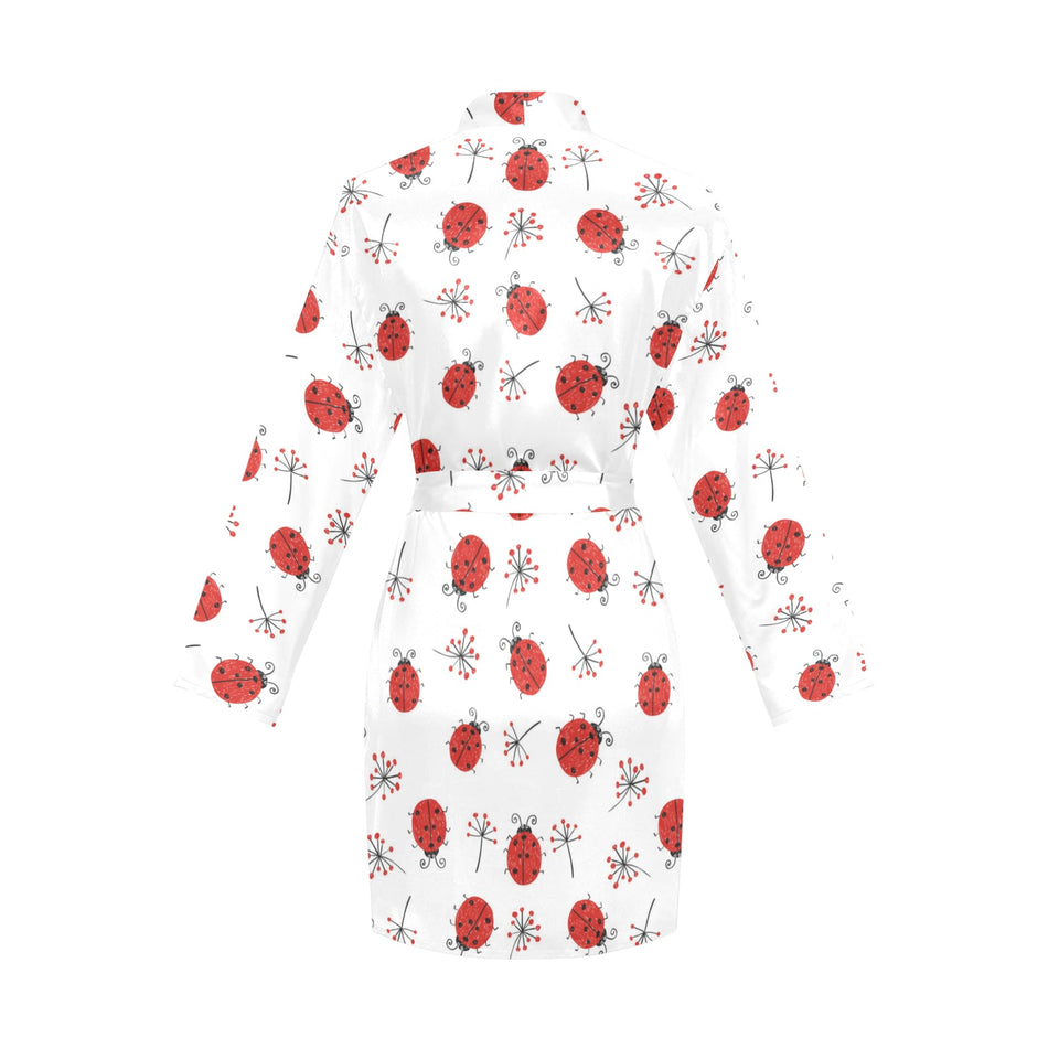 Ladybug Pattern Print Design 04 Women's Long Sleeve Belted Night Robe