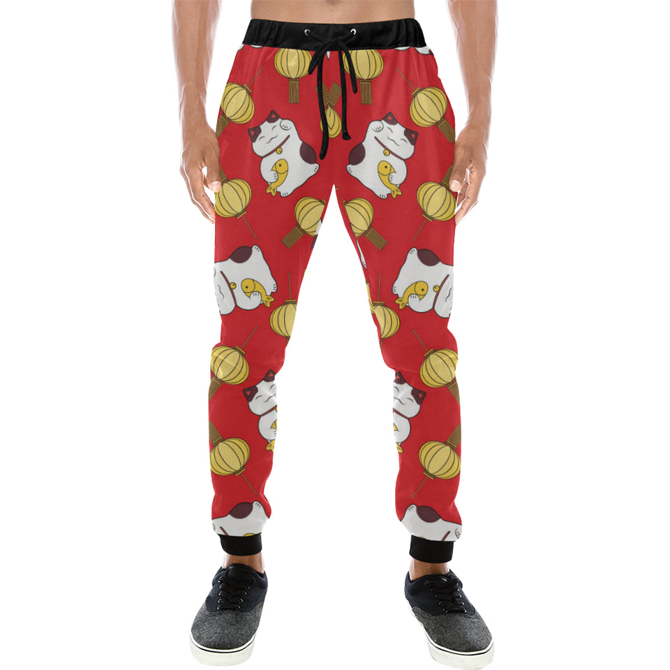 Meneki Neko Lucky Cat Pattern Red Theme Unisex Casual Sweatpants