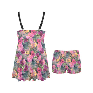 Hibiscus Pattern Print Design 03 Chest Sexy Pleated Two Piece Swim Dress