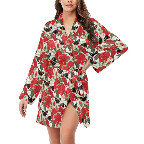 Hibiscus Pattern Print Design 04 Women's Long Sleeve Belted Night Robe