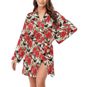 Hibiscus Pattern Print Design 04 Women's Long Sleeve Belted Night Robe