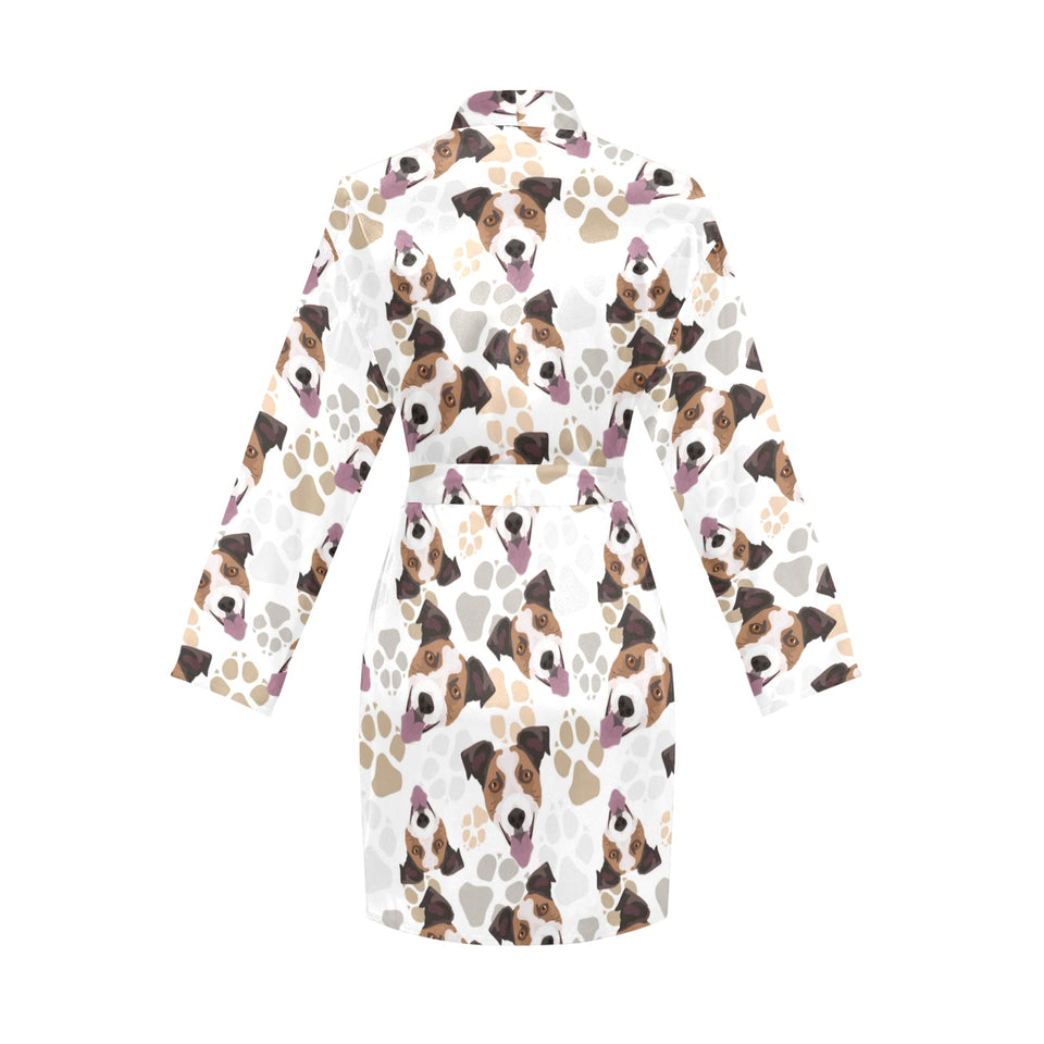 Jack Russel Pattern Print Design 05 Women's Long Sleeve Belted Night Robe