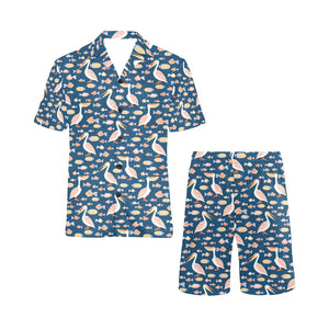 Pelican Pattern Print Design 01 Men's V-Neck Short Pajama Set