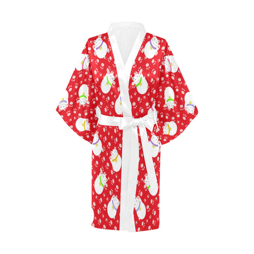 Meneki Neko Lucky Cat Pattern Red Background Women's Short Kimono Robe