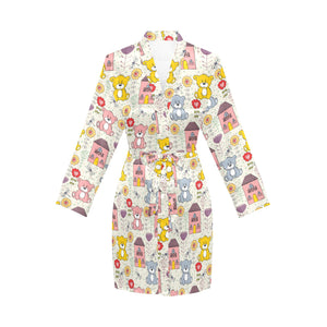 Teddy Bear Pattern Print Design 04 Women's Long Sleeve Belted Night Robe