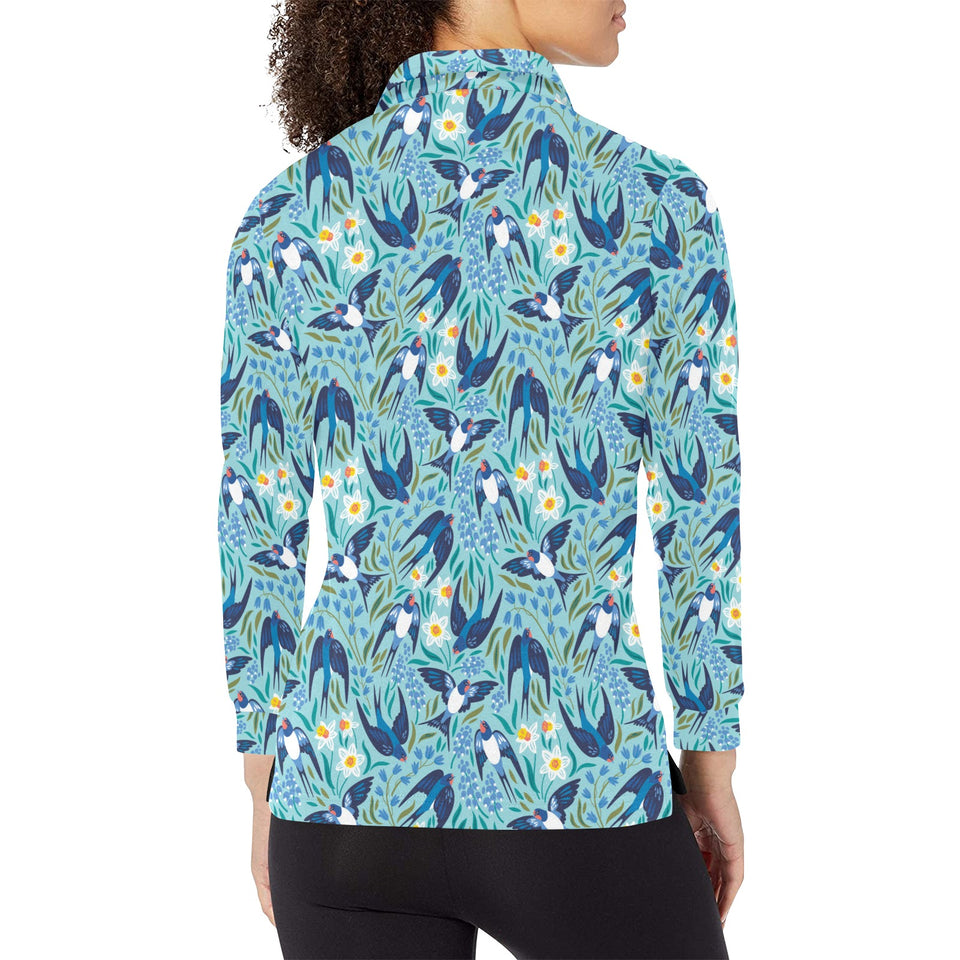 Swallow Pattern Print Design 05 Women's Long Sleeve Polo Shirt