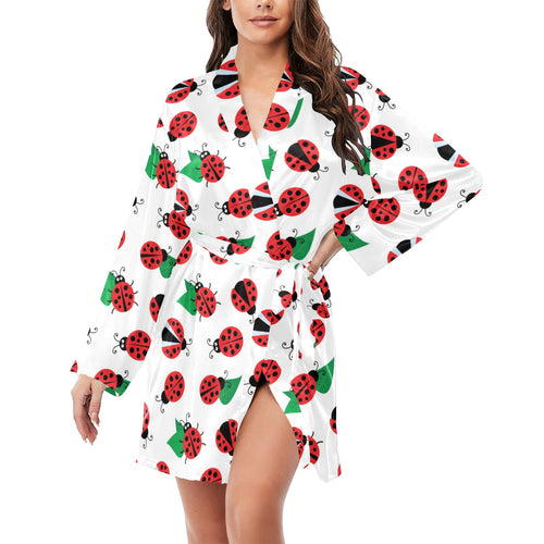 Ladybug Pattern Print Design 01 Women's Long Sleeve Belted Night Robe