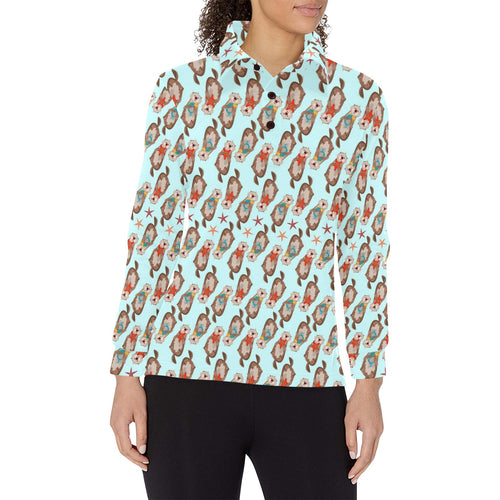 Otter Pattern Background Women's Long Sleeve Polo Shirt