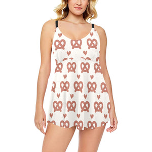 Pretzels Pattern Print Design 01 Chest Sexy Pleated Two Piece Swim Dress