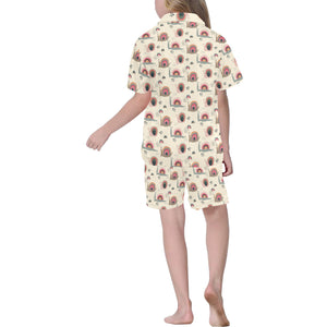 Snail Pattern Print Design 04 Kids' Boys' Girls' V-Neck Short Pajama Set