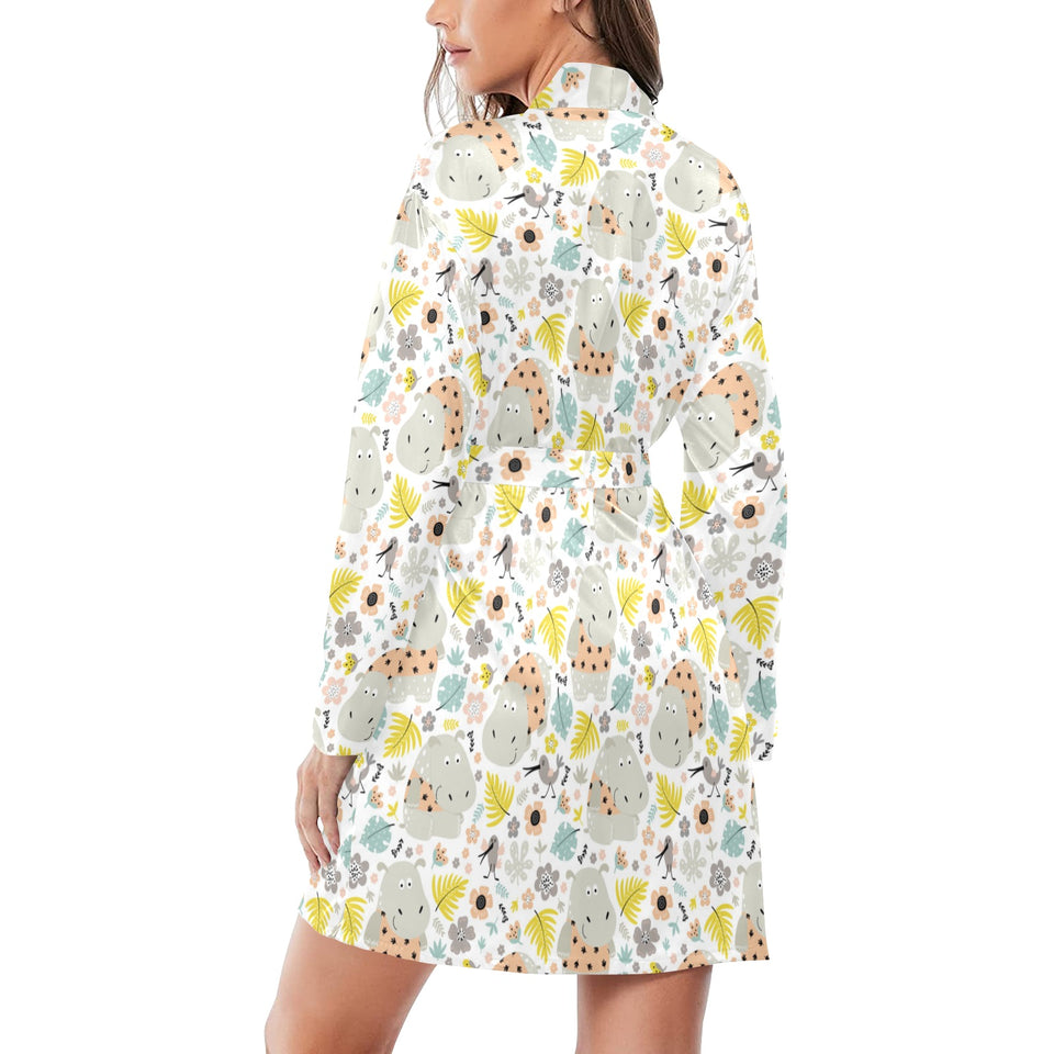 Hippopotamus Pattern Print Design 05 Women's Long Sleeve Belted Night Robe