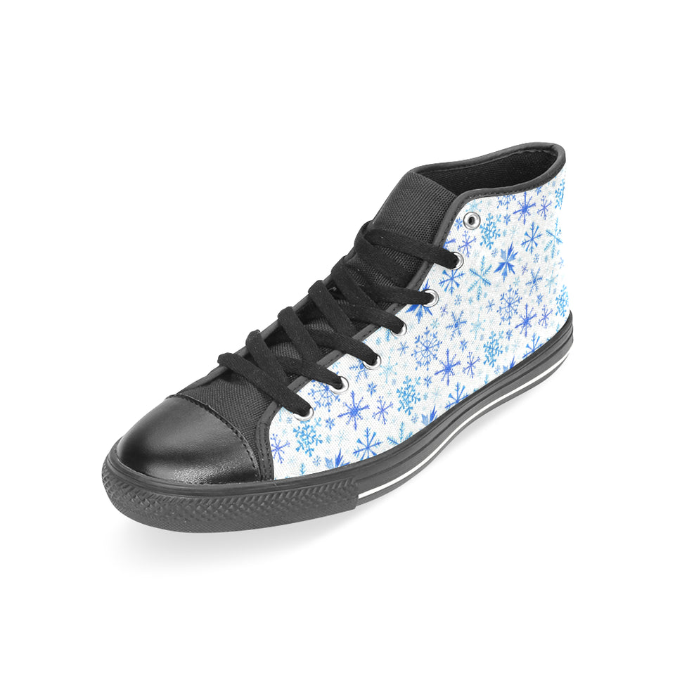 Blue Snowflake Pattern Women's High Top Canvas Shoes Black