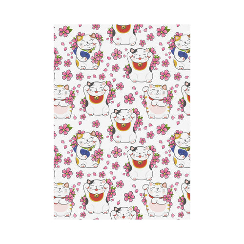 Meneki Neko Lucky Cat Sakura Flower Pattern House Flag Garden Flag