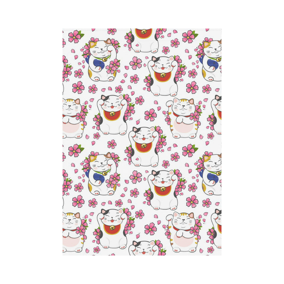 Meneki Neko Lucky Cat Sakura Flower Pattern House Flag Garden Flag