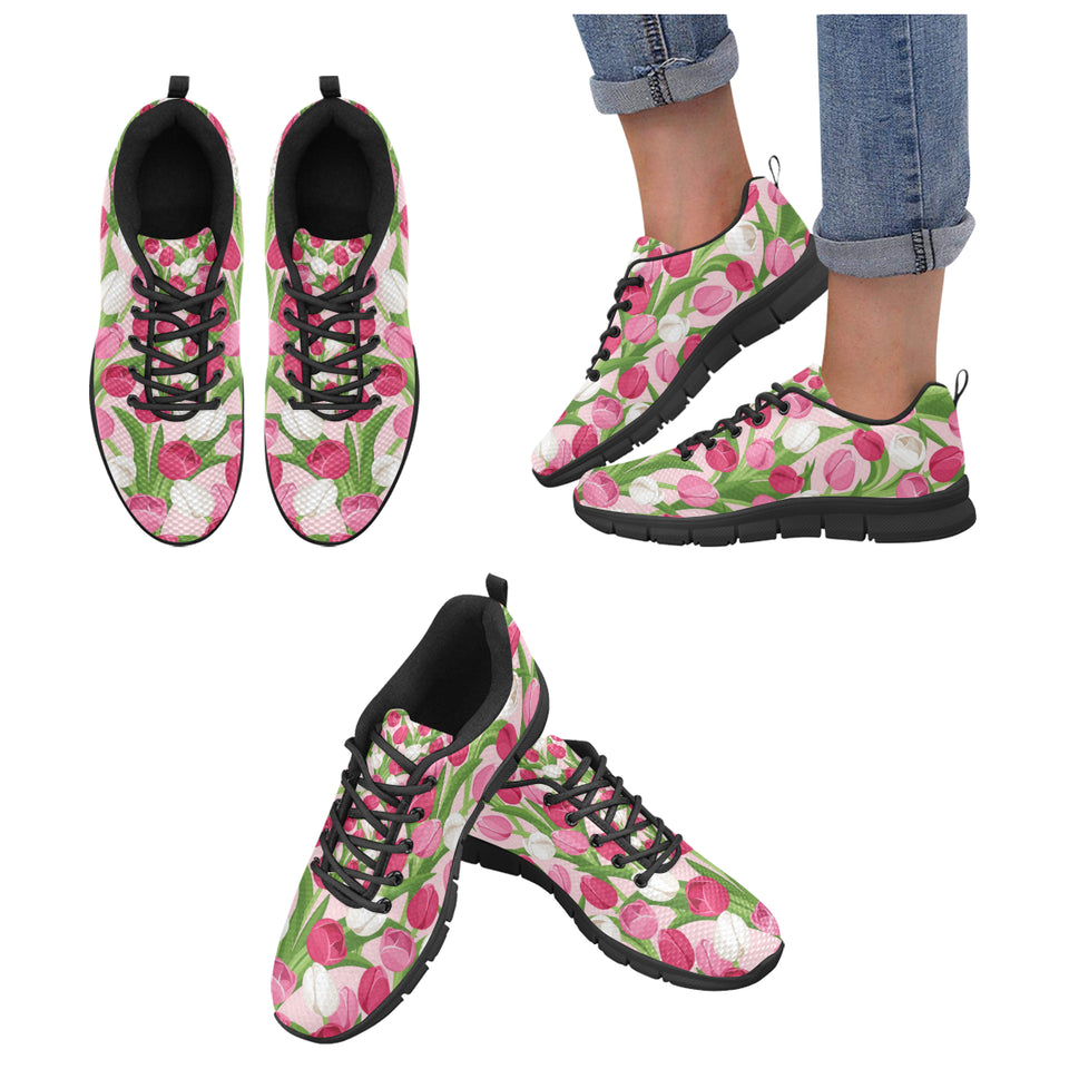 Pink White Tulip Pattern Women's Sneakers Black