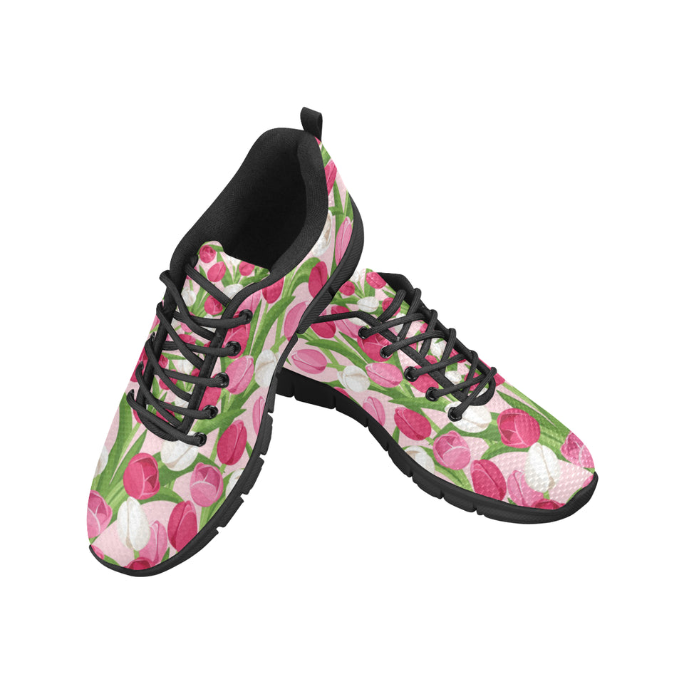 Pink White Tulip Pattern Women's Sneakers Black