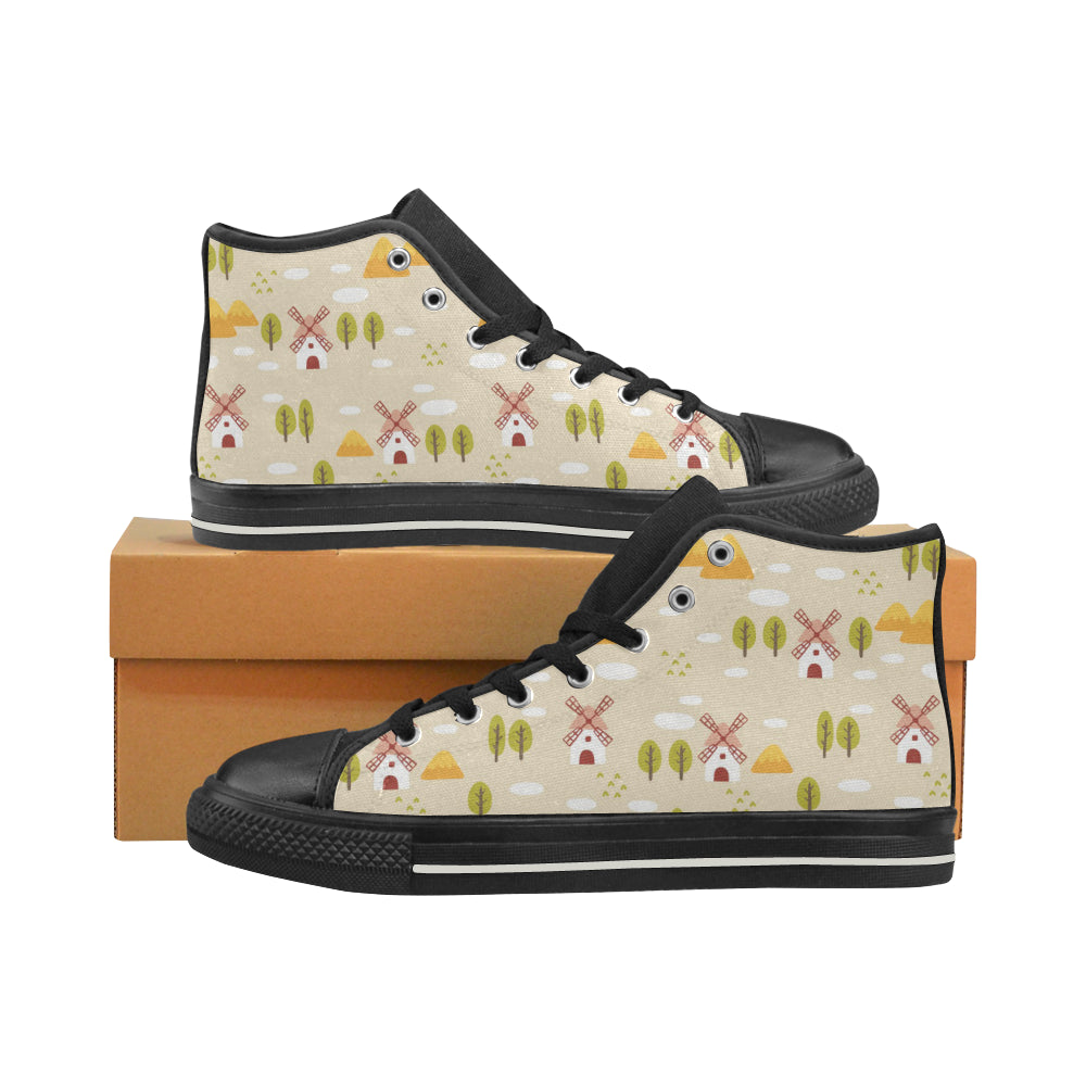 Windmill Pattern Men's High Top Canvas Shoes Black