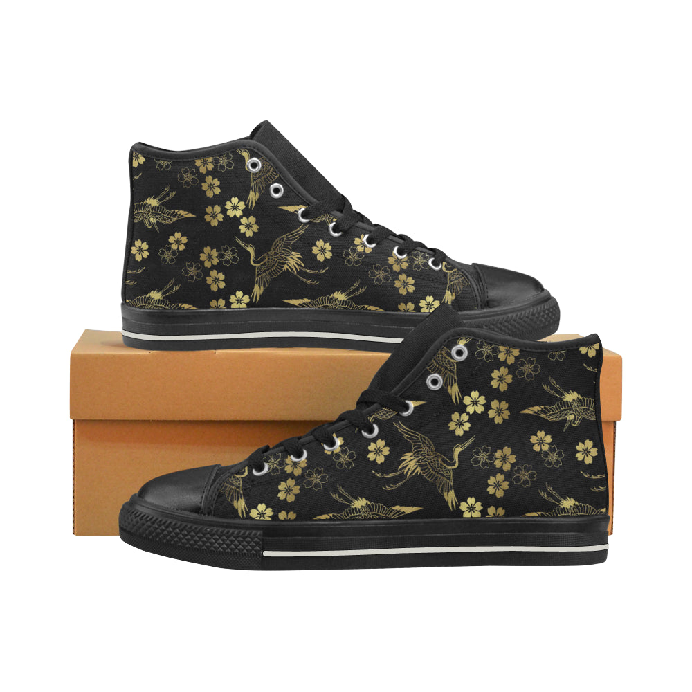 Gold Japanese Theme Pattern Women's High Top Canvas Shoes Black