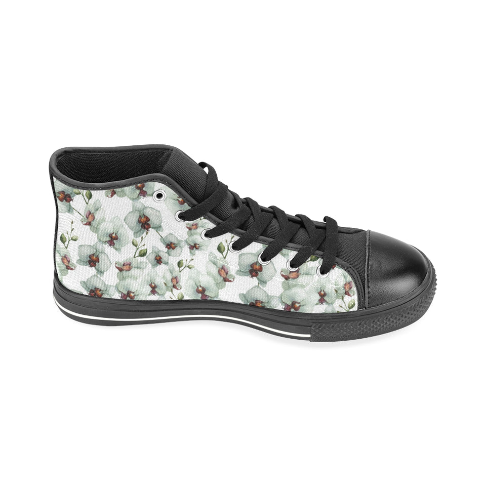 White Orchid Pattern Men's High Top Canvas Shoes Black