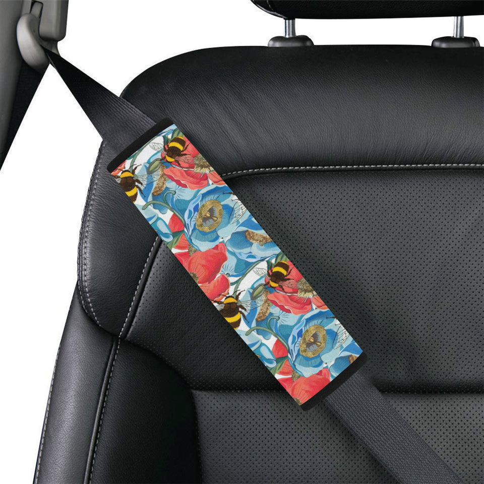 Bee Red and Blue Hibiscus Pattern Car Seat Belt Cover