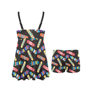 Skate Board Pattern Print Design 02 Chest Sexy Pleated Two Piece Swim Dress