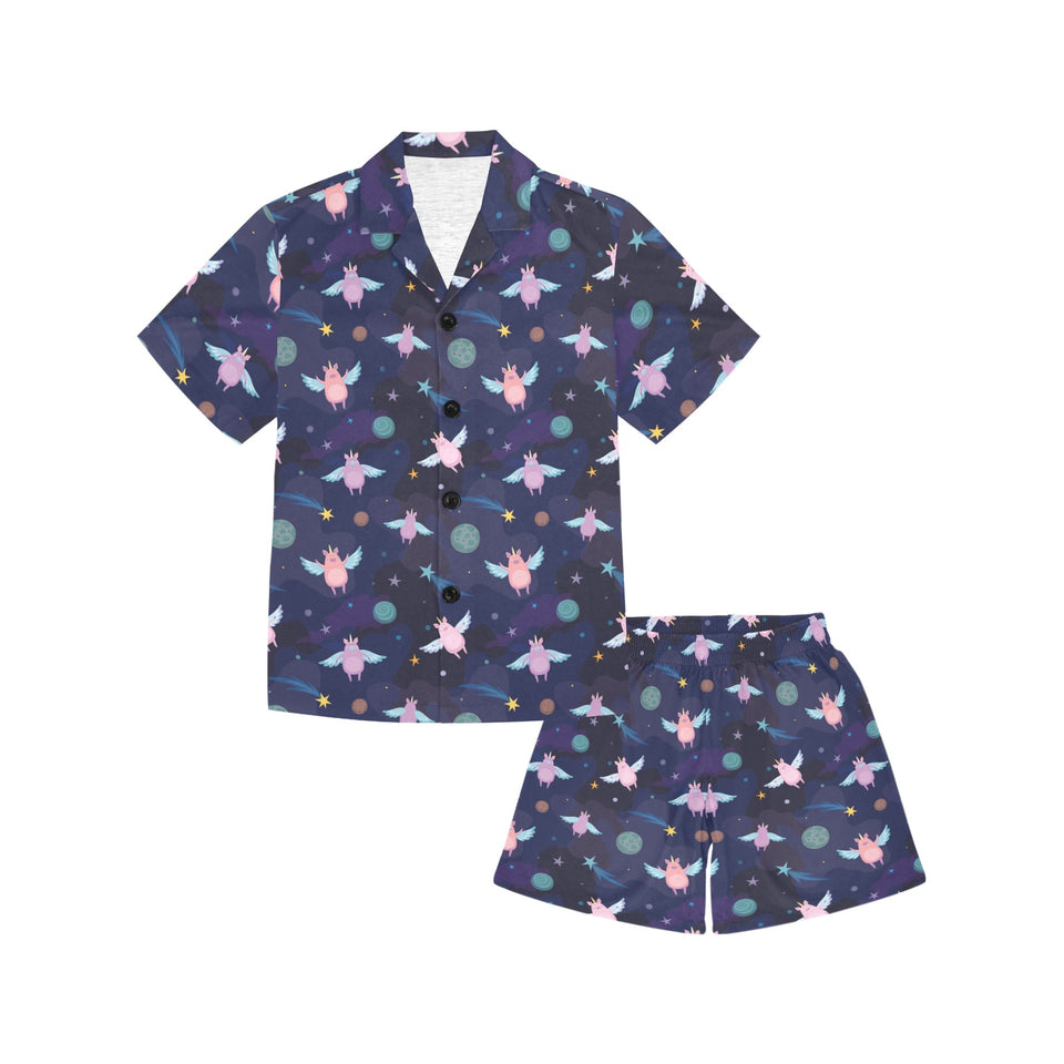 Pig Pattern Print Design 05 Kids' Boys' Girls' V-Neck Short Pajama Set