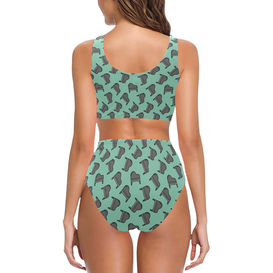 Piano Pattern Print Design 04 Chest Bowknot High Waisted Bikini Swimsuit