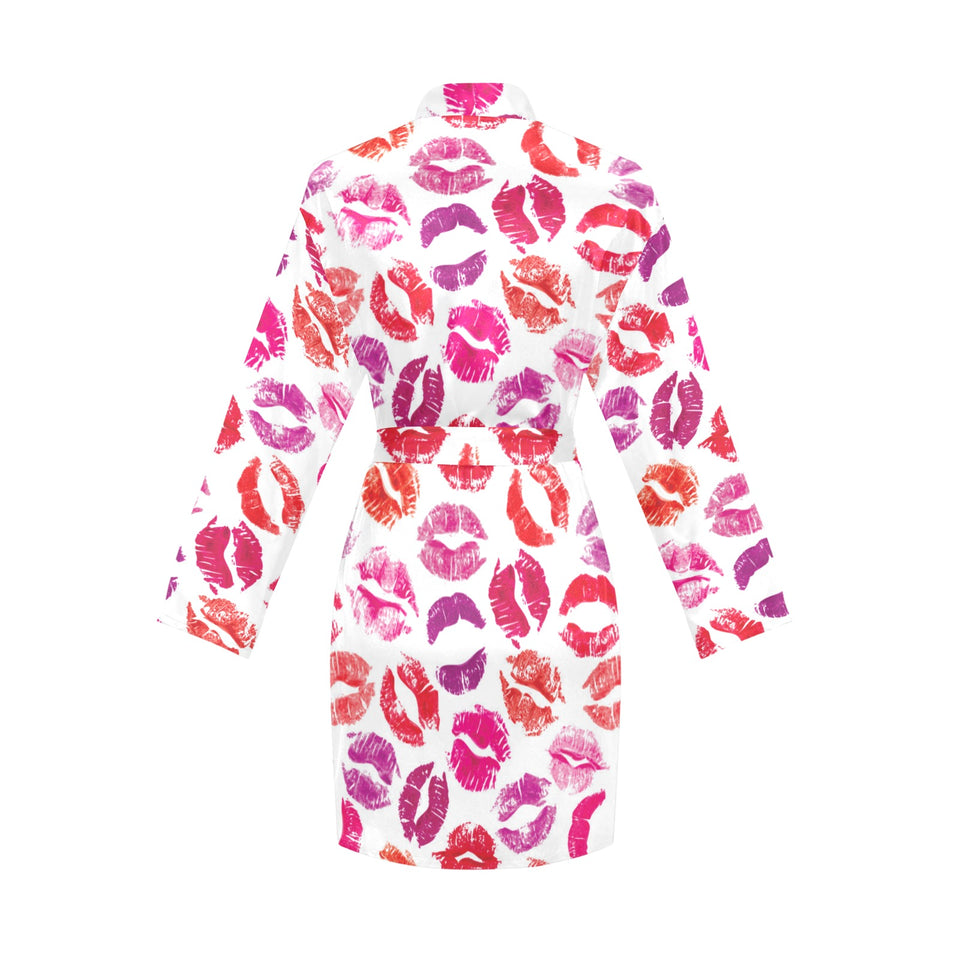 Lips Pattern Print Design 04 Women's Long Sleeve Belted Night Robe