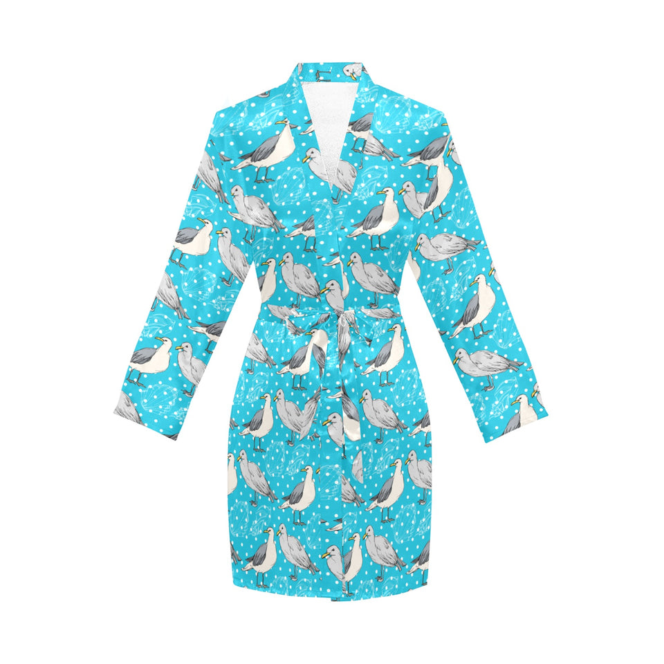 Seagull Pattern Print Design 02 Women's Long Sleeve Belted Night Robe