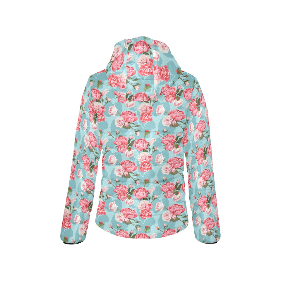 Rose Pattern Print Design 03 Women's Padded Hooded Jacket