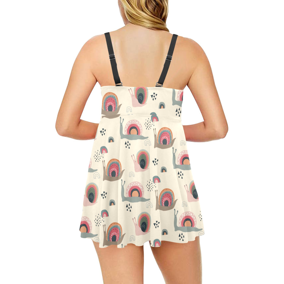 Snail Pattern Print Design 04 Chest Sexy Pleated Two Piece Swim Dress