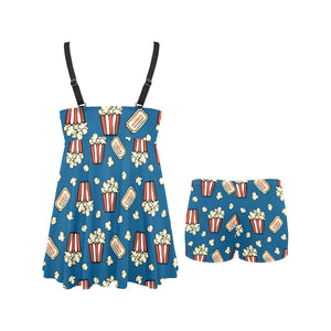 Popcorn Pattern Print Design 03 Chest Sexy Pleated Two Piece Swim Dress