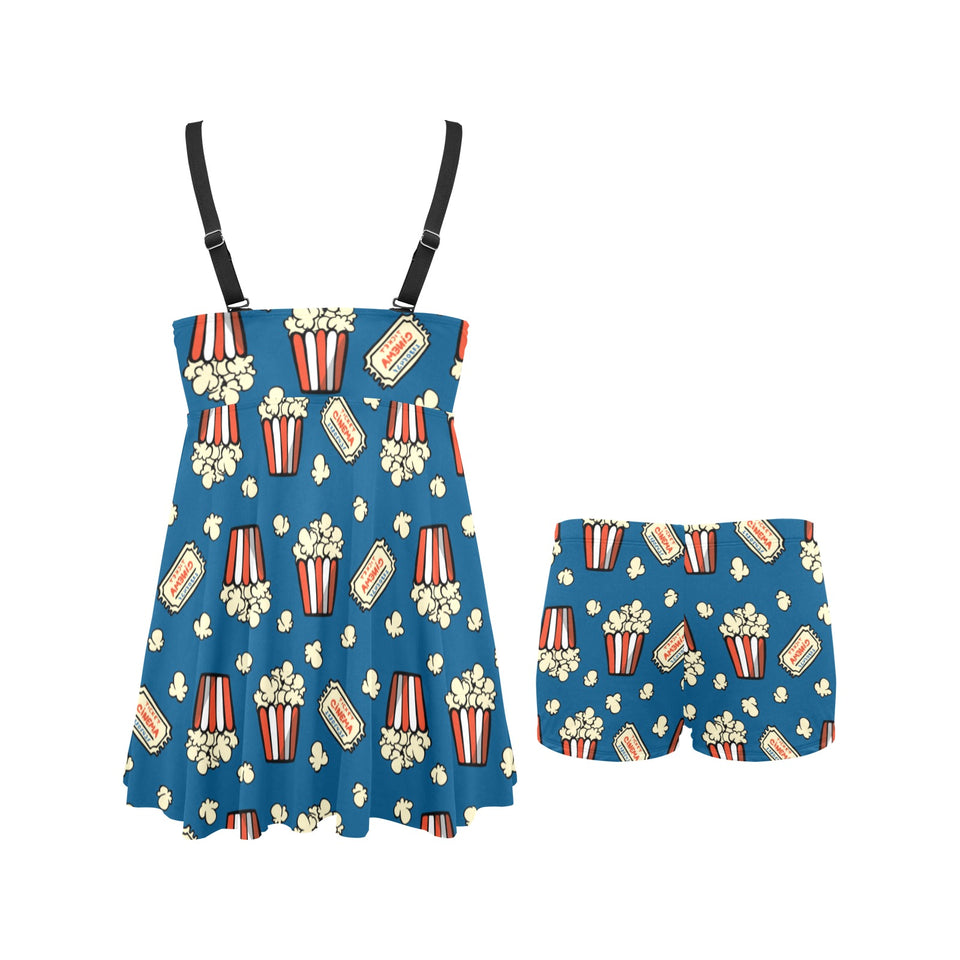 Popcorn Pattern Print Design 03 Chest Sexy Pleated Two Piece Swim Dress