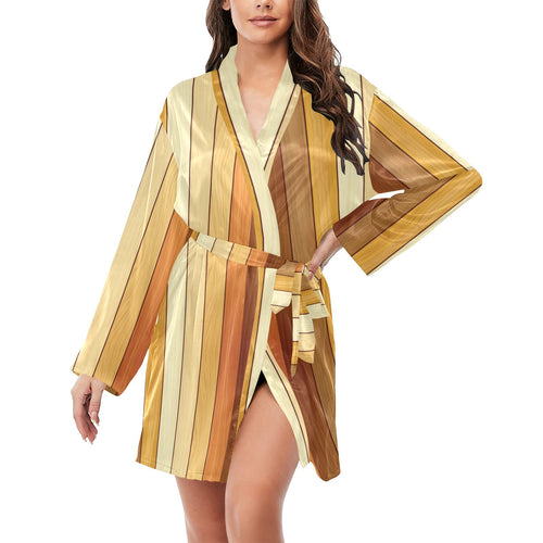 Wood Printed Pattern Print Design 01 Women's Long Sleeve Belted Night Robe