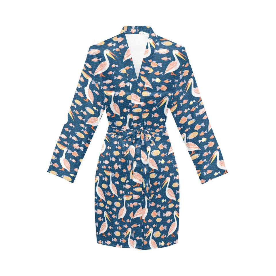 Pelican Pattern Print Design 01 Women's Long Sleeve Belted Night Robe