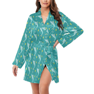 Swordfish Pattern Print Design 04 Women's Long Sleeve Belted Night Robe