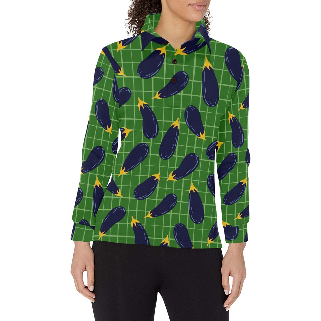 Eggplant Pattern Print Design 04 Women's Long Sleeve Polo Shirt