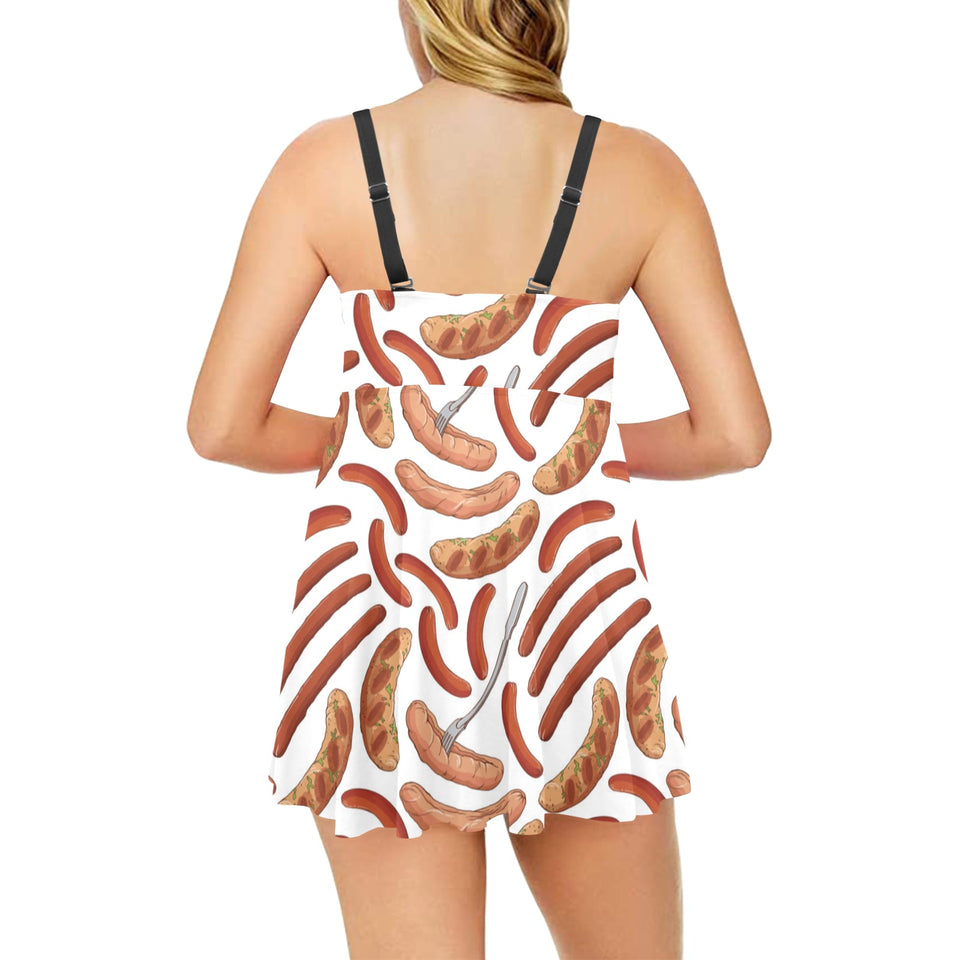 Sausage Pattern Print Design 05 Chest Sexy Pleated Two Piece Swim Dress