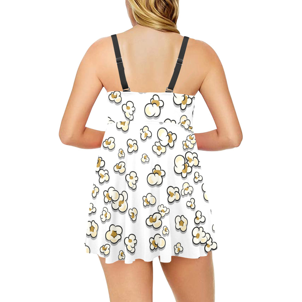 Popcorn Pattern Print Design 04 Chest Sexy Pleated Two Piece Swim Dress