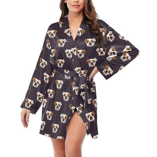 English Bulldog Pattern Print Design 03 Women's Long Sleeve Belted Night Robe